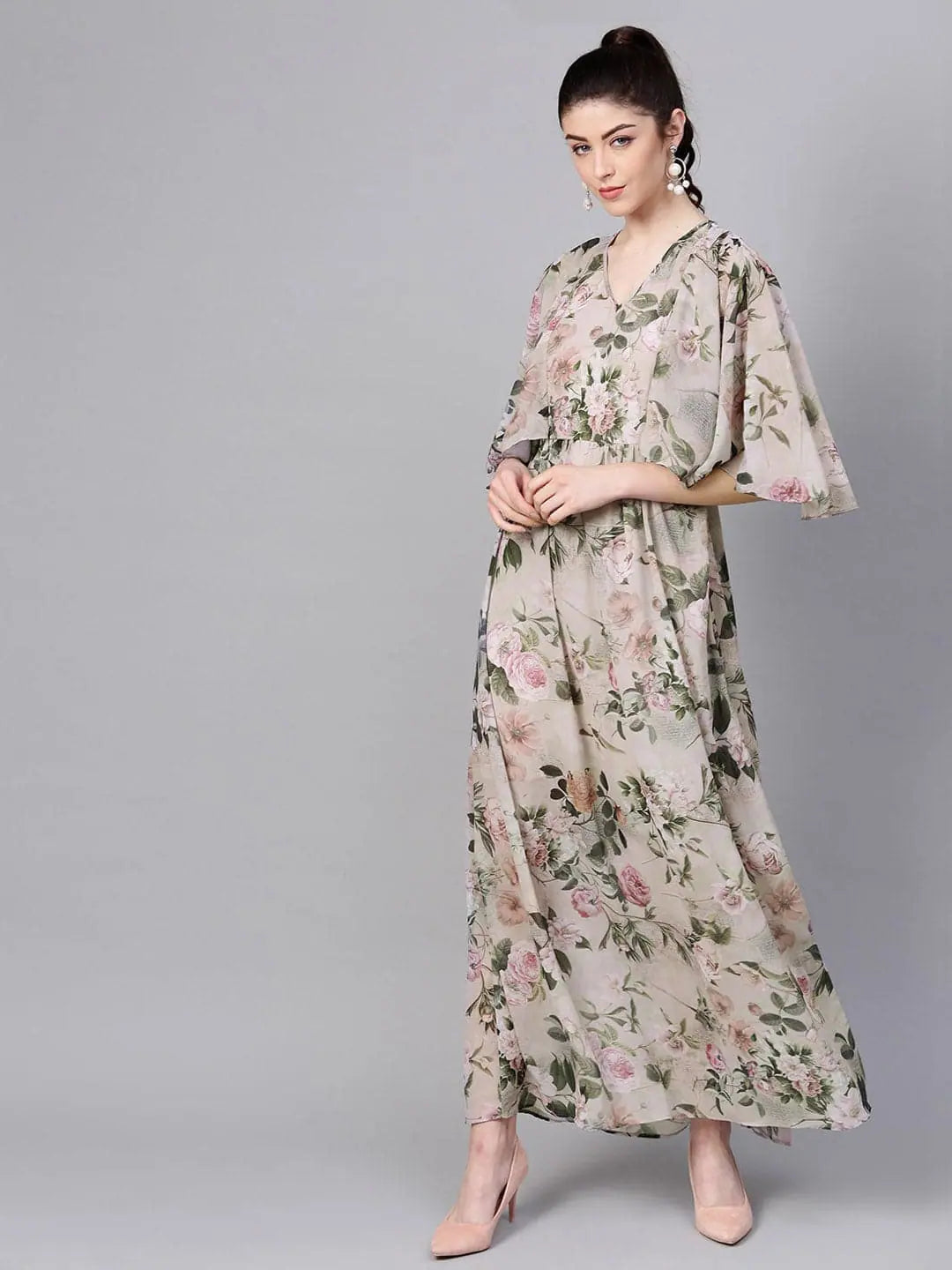 Women's Formal Clothes Pista Green Floral Cape Maxi