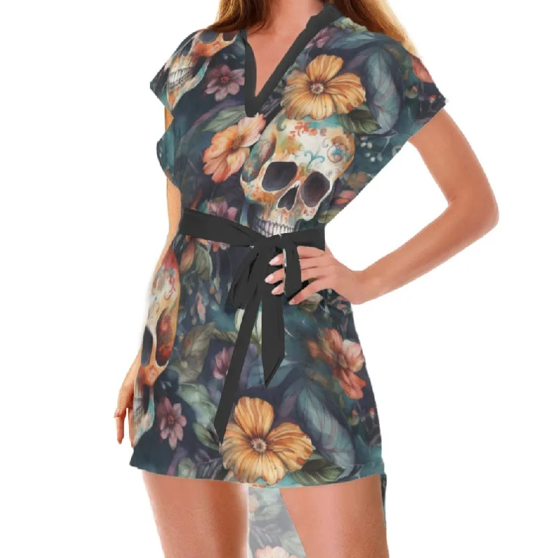 Stylish Clothes For Women Women's Brown Skull Floral Standing Collar Dress With Belt