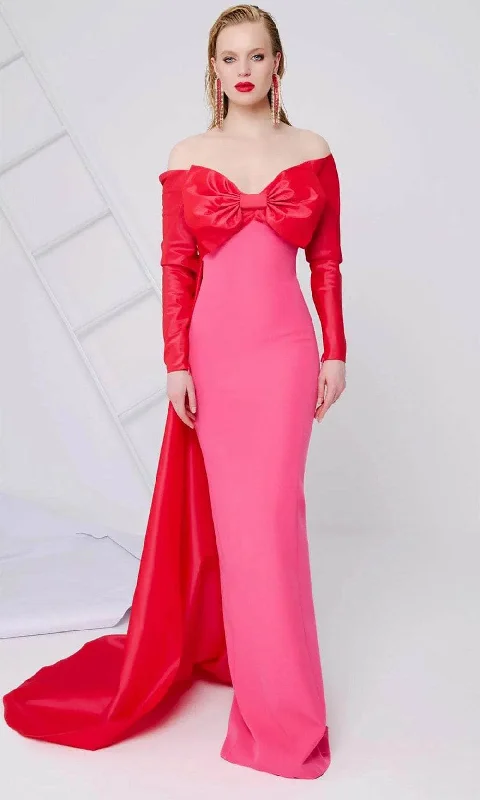 Women's Luxury Garments MNM Couture N0565A - Bow Bodice Long Sleeve Evening Gown