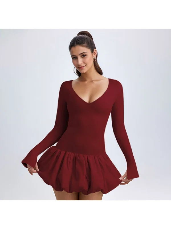 Women's Fashion Clothes Solid V Neck Fitted Bubble Mini Dress