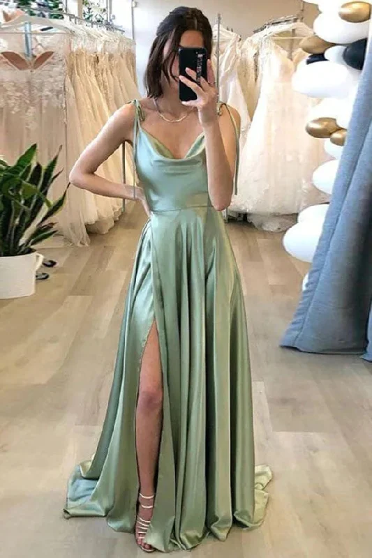 Timeless Women's Garments Simple Silk Satin Sage Wedding Guest Dress A Line Long Summer Maxi Dress