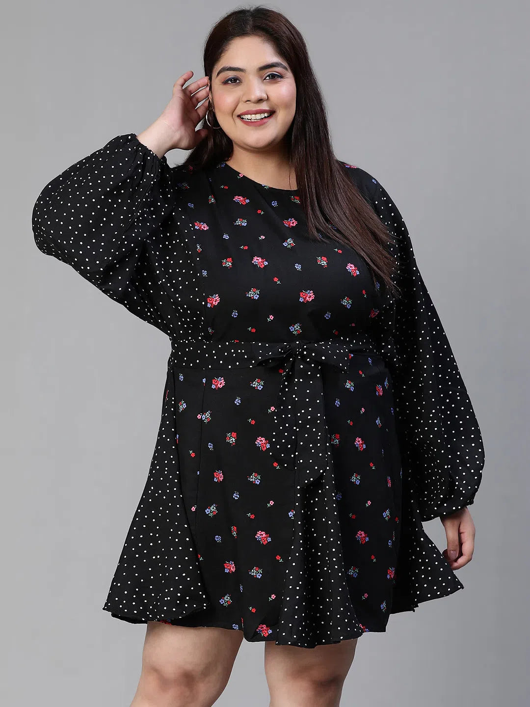 Elegant Women's Evening Garments Women Plus Size Floral Print Tie-Knotted Round Neck Black Dress-S23447PDR001