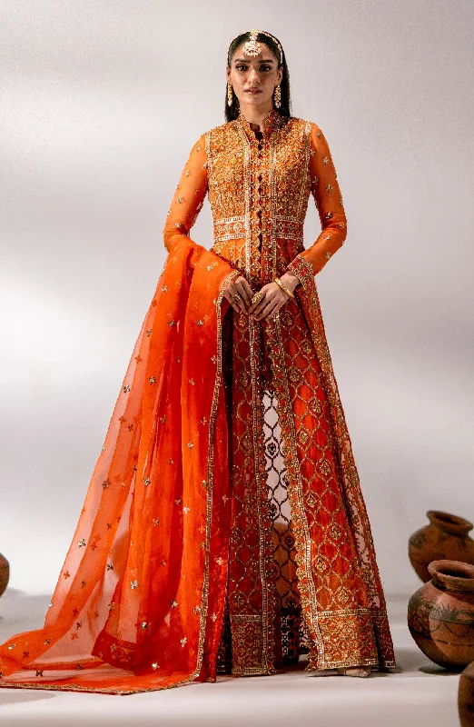 Fashionable Women's Clothes Orange Embroidered Pakistani Wedding Dress in Gown Capri Shirt Style