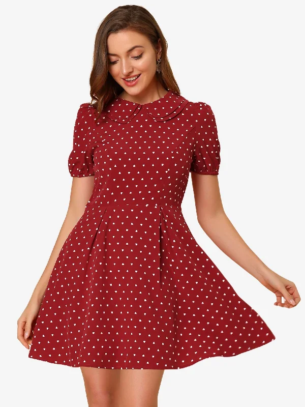 Women's Plus-Size Clothes Heart Print Short Sleeve A-Line Peter Pan Collar Mini Dress