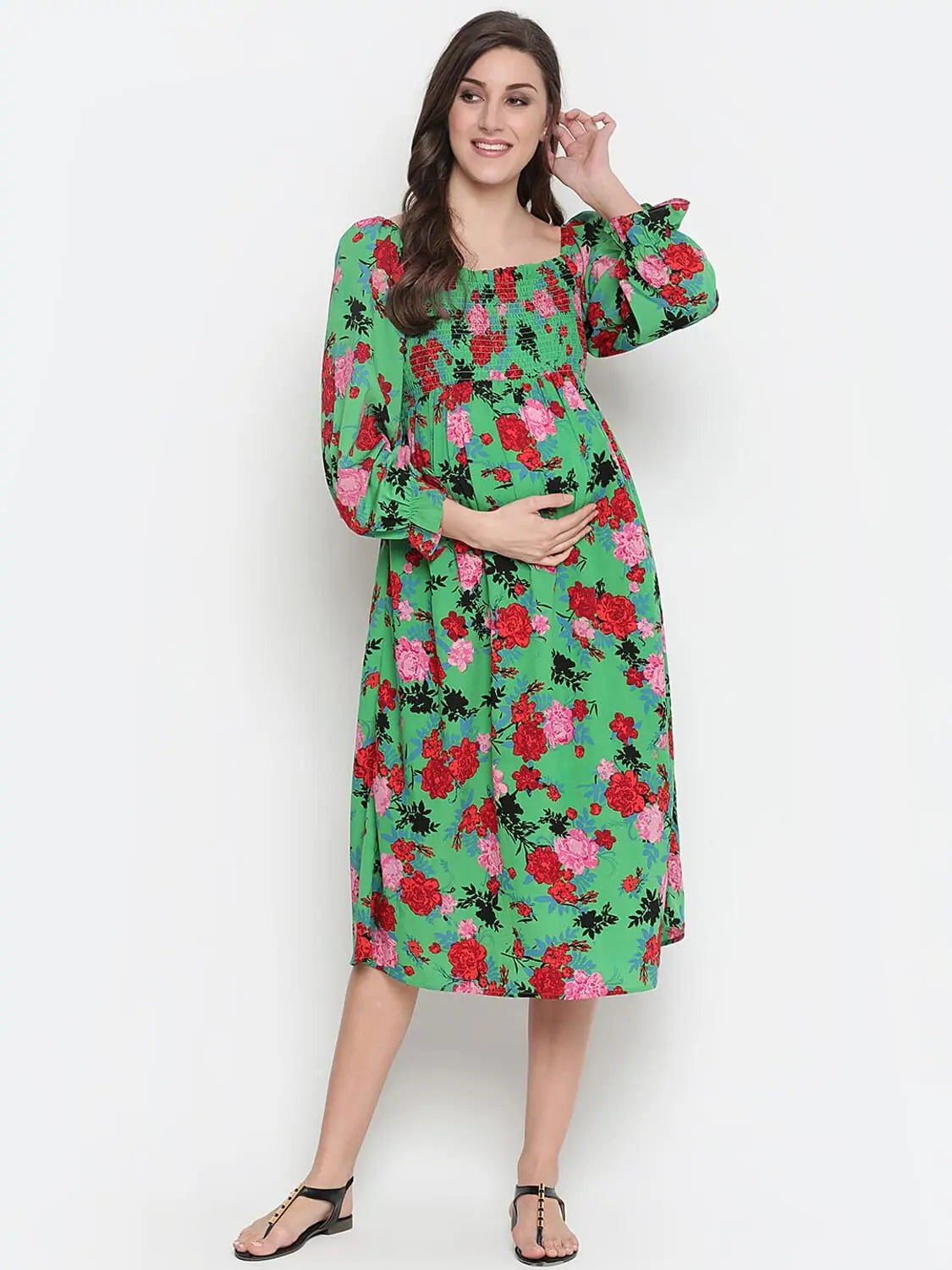 Women's Fashion-Forward Apparel Oxolloxo Denser Green Floral Print Smocking Comfy Maternity Dress