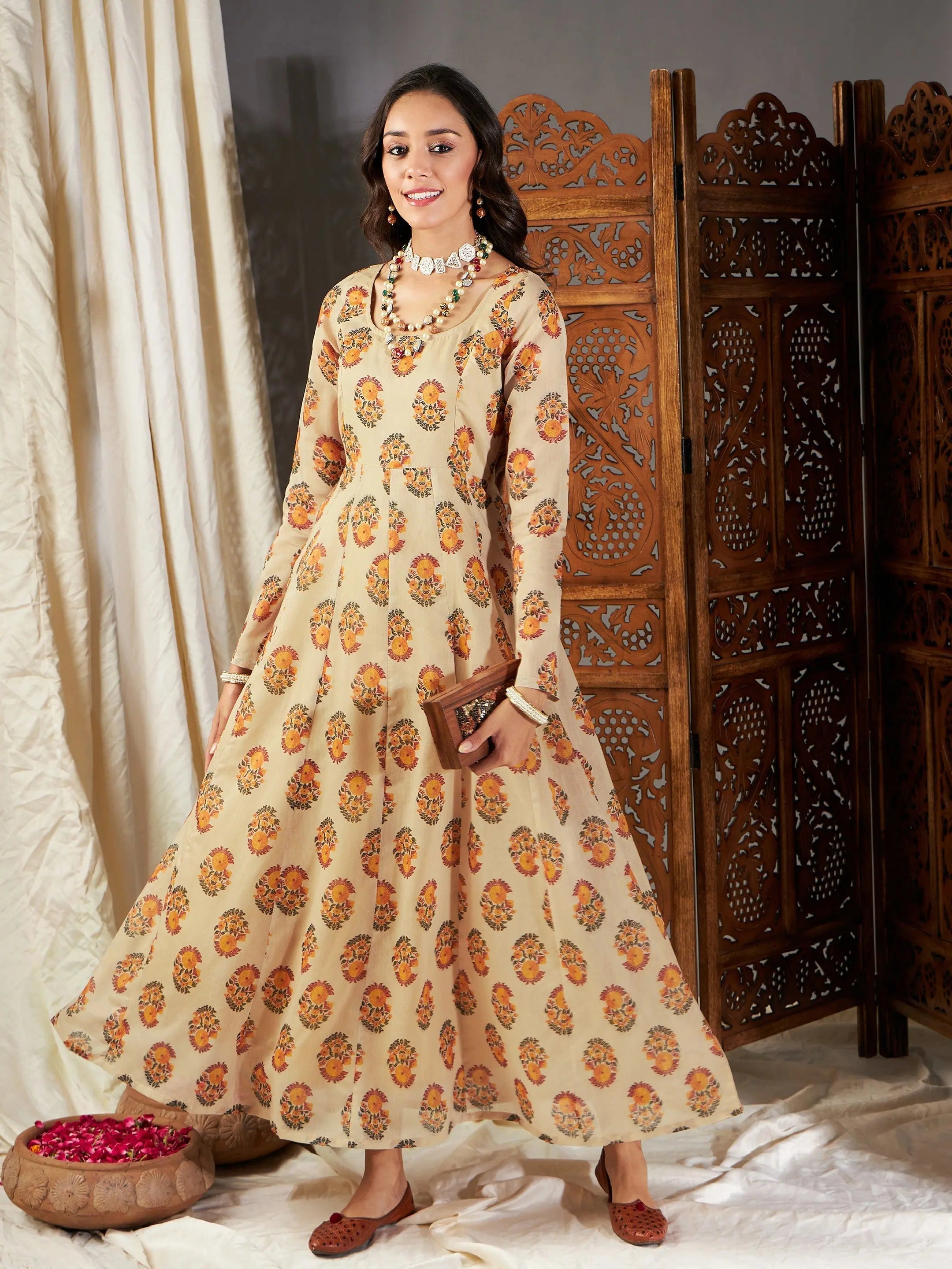 Women's Comfortable Lounge Garments Women Beige Floral Anarkali Maxi Dress