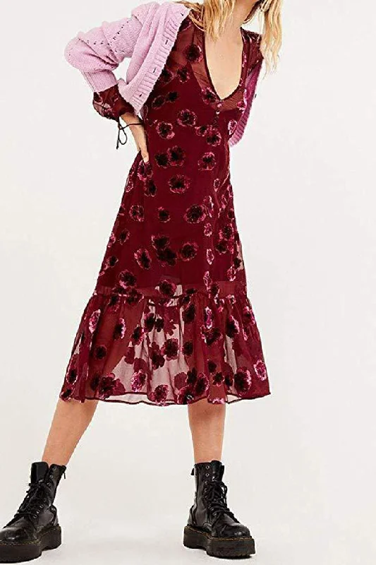 Women's Clothing For Work FOR LOVE & LEMONS-SOPHIE VELVET FLORAL MIDI DRESS