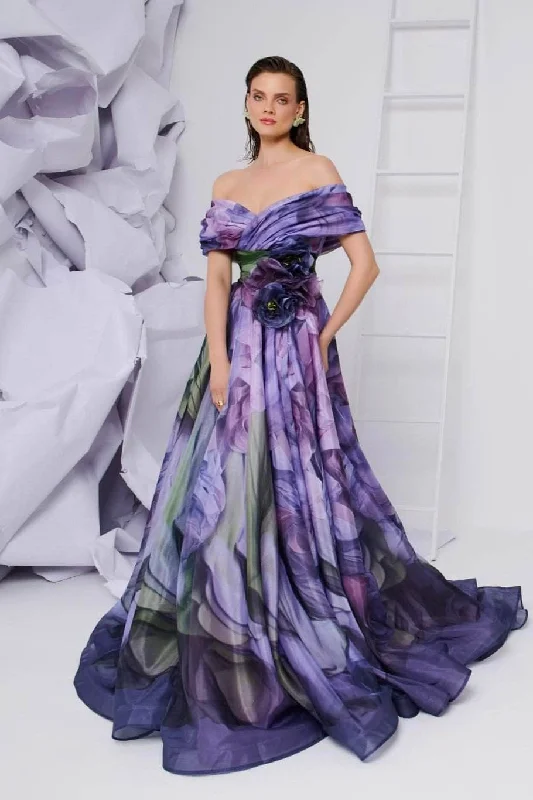 Women's Vintage-Inspired Outfit MNM Couture F02855 - Off Shoulder Digital Print Evening Gown