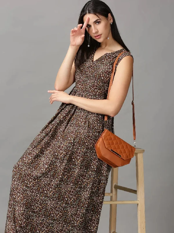 Women's Elegant Evening Attire Women's Brown Floral Fit and Flare Dress-AE-15748-Brown