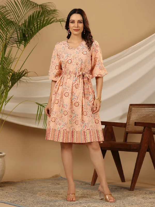 Sustainable Women's Clothing Juniper Peach Floral Printed Pure Cotton Short Dress With Belt & Beads Work