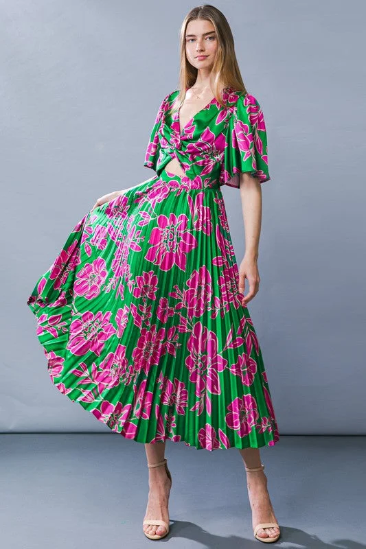 Women's Occasion Wear Clothes Flying Tomato Womens Green and Pink Satin floral keyhole dress