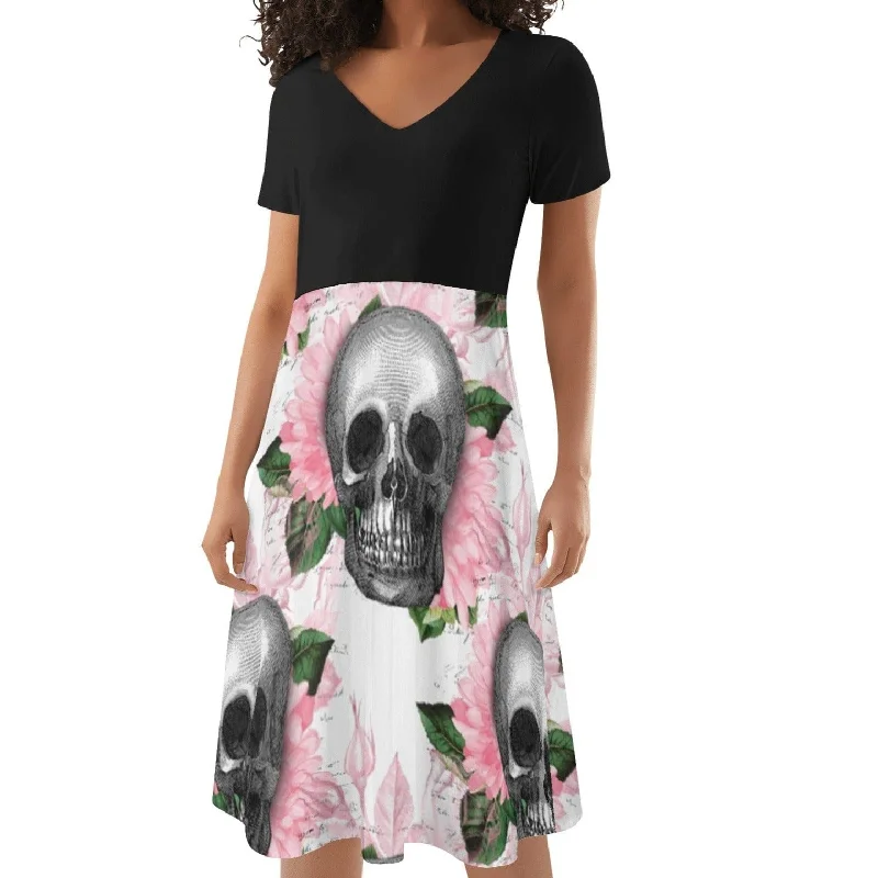 Women's Vacation Clothes Women's Skull Pink Floral Black Ruffle Summer Dress