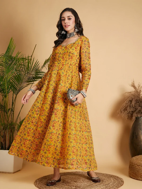 Luxury Women's Clothing Women Mustard Floral Anarkali Maxi Dress