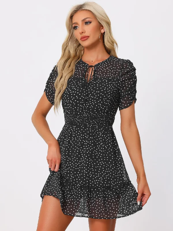 Modern Women's Apparel Chiffon Ruched Sleeves Bow Tie Keyhole Shirred Polka Dots Mini Dress