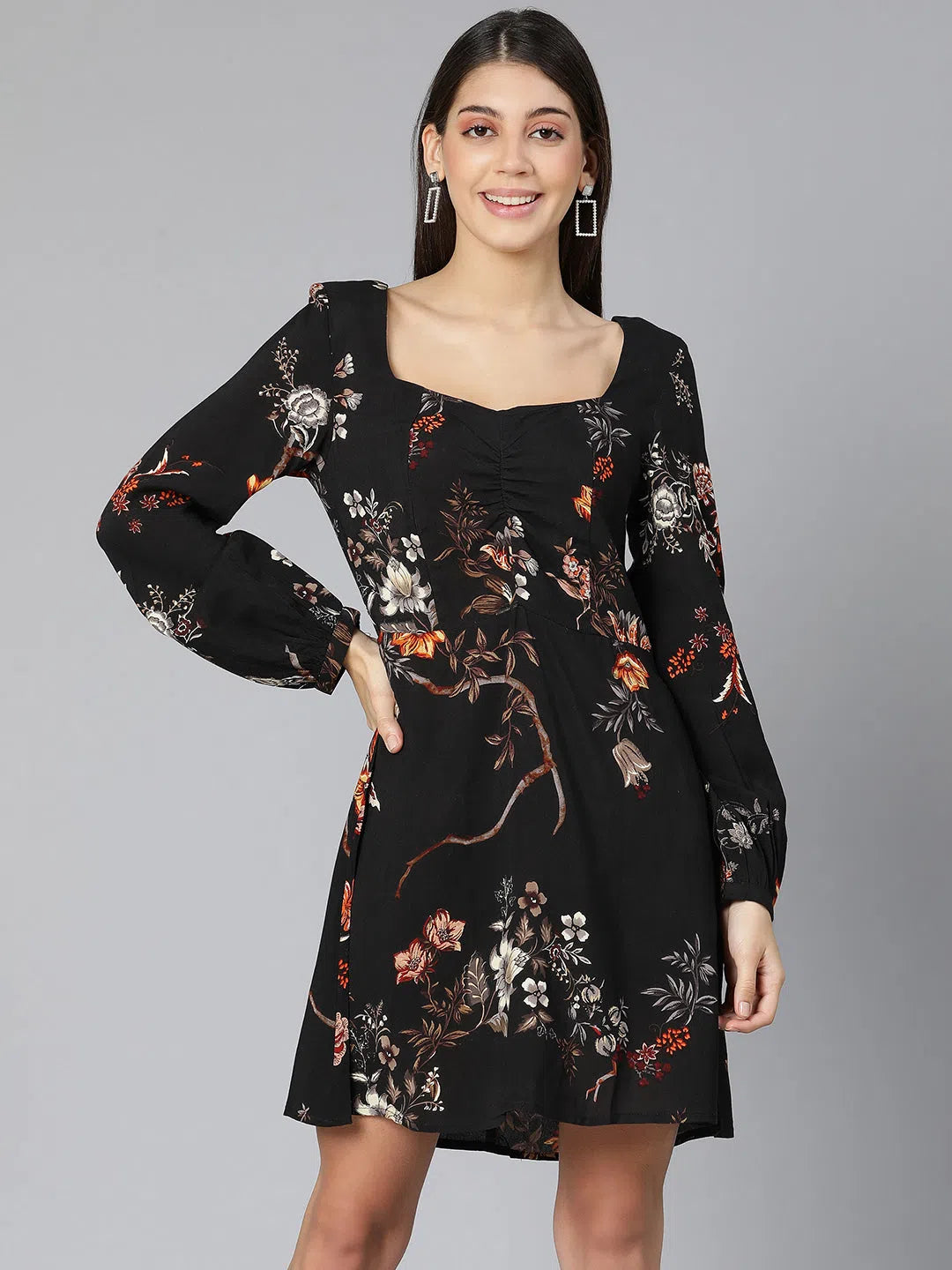 Women's Trendy Clothes Brassing black floral pint casual women dress