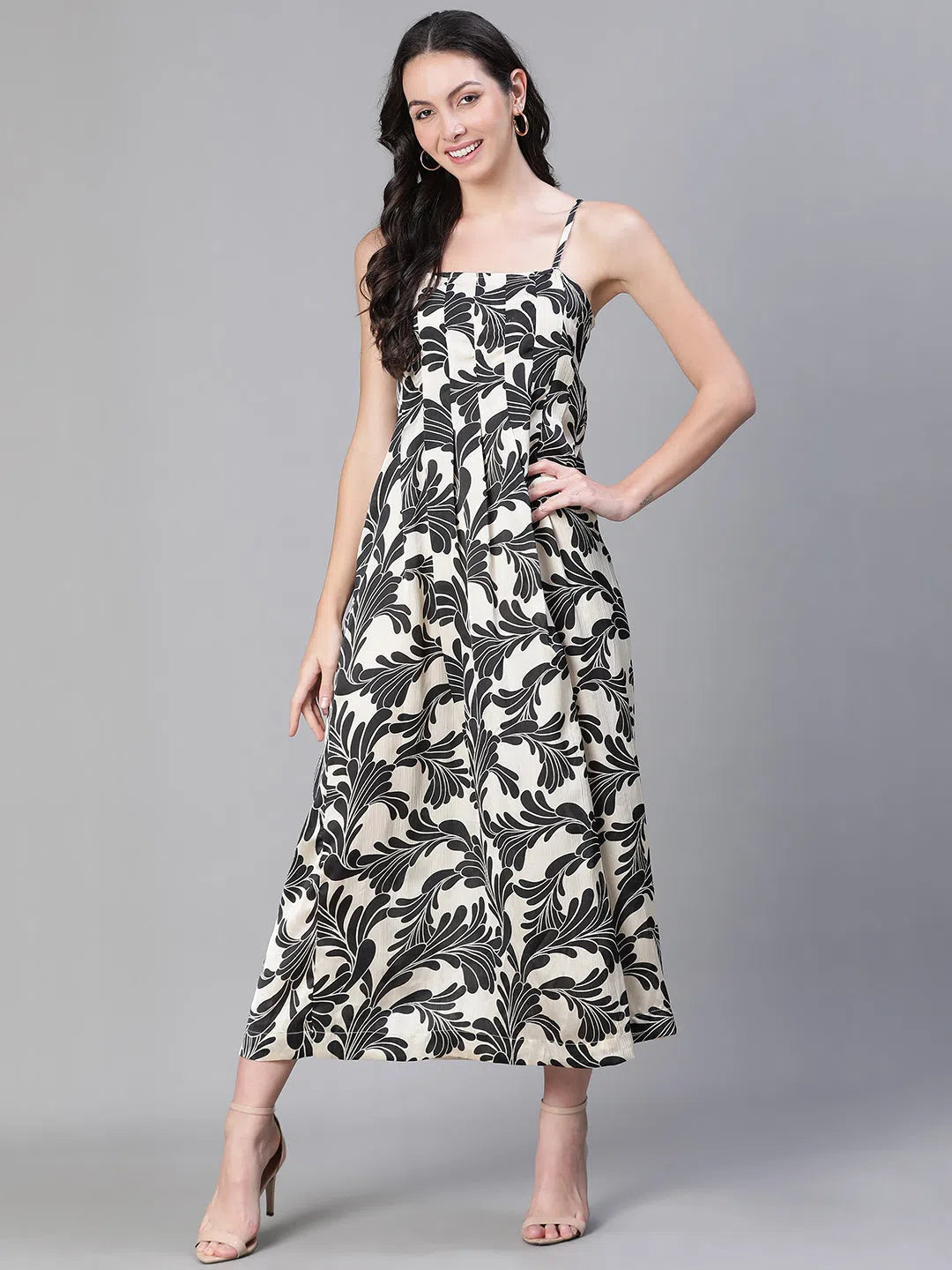 Timeless Women's Garments Women Floral Print Shoulder Strapped Black Long Dress-S23500WDR001