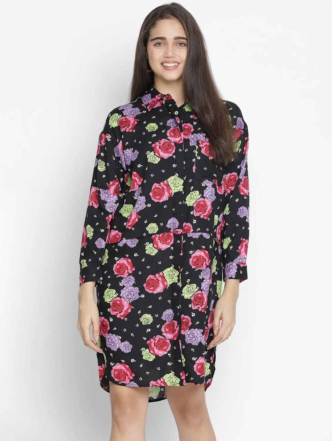 Women's Wardrobe Apparel Abuzz Black Floral Print Button-Down Women Dress