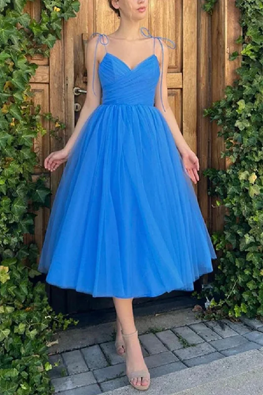 Casual Apparel For Women Simple V Neck Blue Tulle Prom Dress Tea Length Short Wedding Guest Dresses