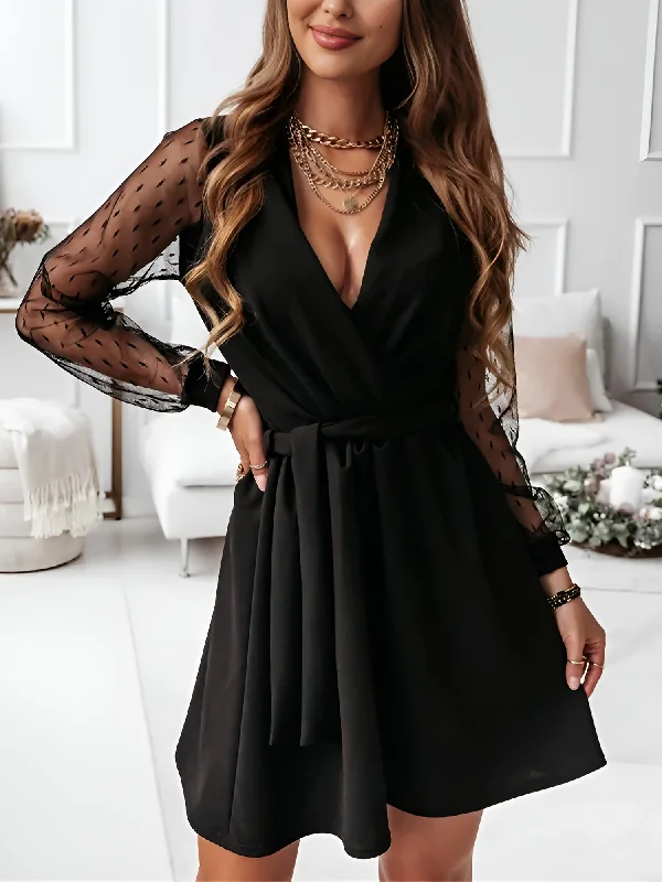 Women's Clothes For Outdoor Events Lace Long Sleeves Patchwork A-Line Belted Mini Dress