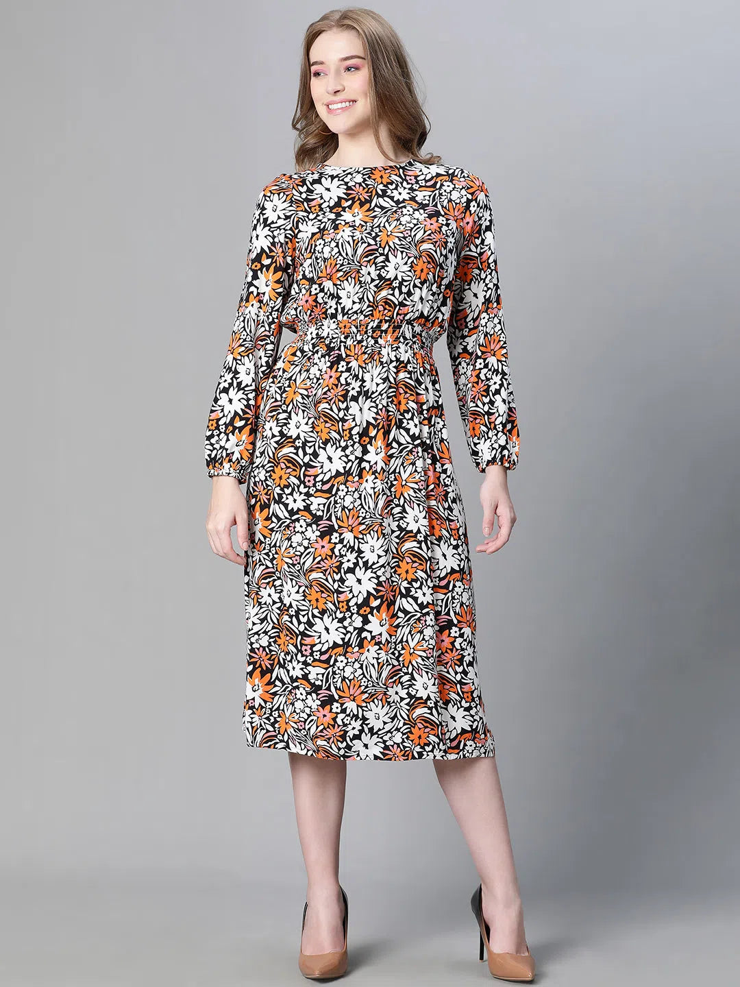 Women's Clothes And Garments Women Multicolor Floral Print Round Neck Long Sleeve Long Dress-W23227WDR002