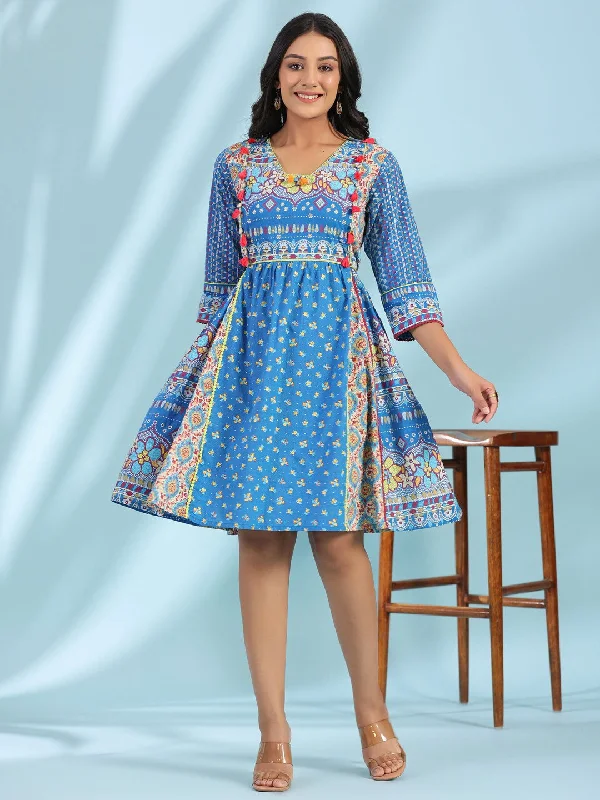 Women's Clothing For Special Occasions Juniper Blue Floral Printed Pure Cotton Dress With Beads & sequins Work