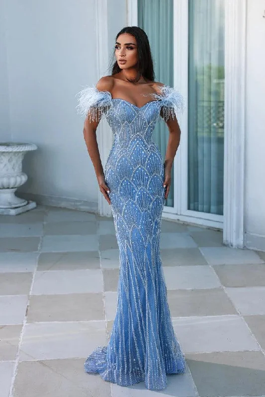 Women's Plus-Size Outfit Portia and Scarlett PS23994 Long Off Shoulder Feather Prom Gown