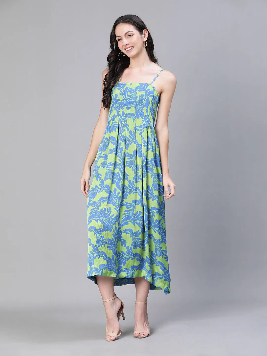 Stylish Women's Garments For Holidays Women Floral Print Shoulder Strapped Green  Long Dress-S23500WDR003