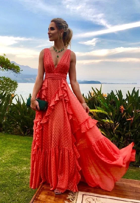 Women's Chic Apparel Orange fashion V-neck A-line tiered long elegant chiffon ruffle side slit ball gown evening dress wedding guest party dress gh2789