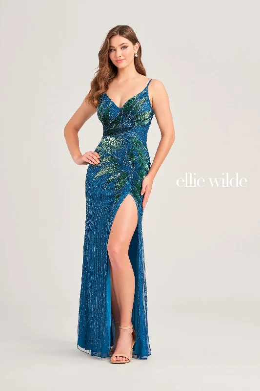 Women's Chic Outerwear Attire Ellie Wilde EW35066 Formal Long Sequin Fitted Prom Gown