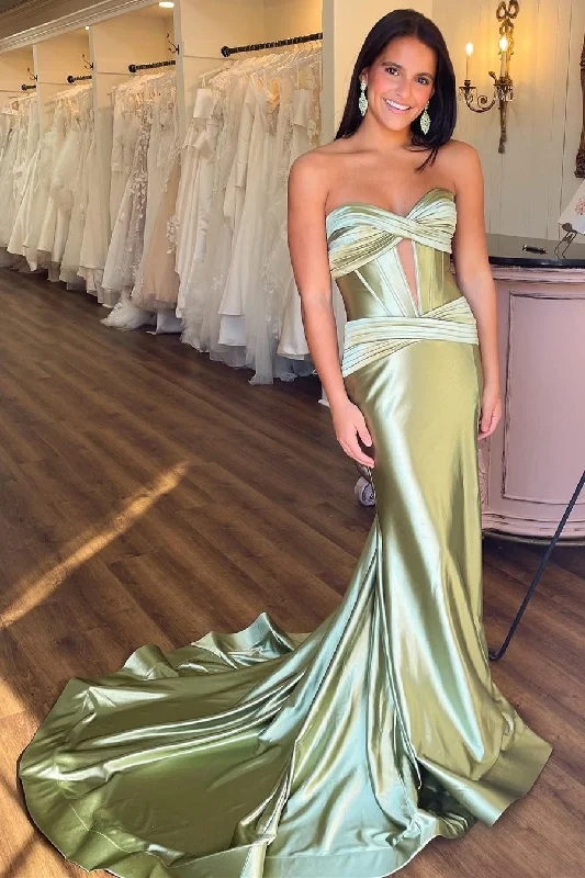 Women's Comfortable Garments New Sage Green Prom Dress Satin Strapless Wedding Guest Dress Mermaid