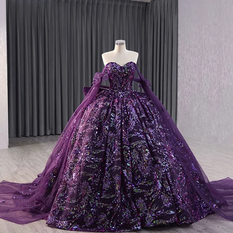 Women's Comfortable Lounge Attire Sparkly Sequin Purple Wedding Dress with Off Shoulder Quinceanera Gown