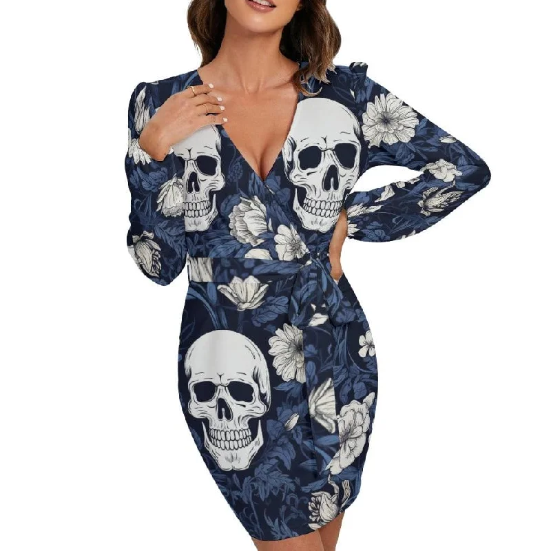 Vintage-Inspired Women's Apparel Women's Blue Floral Skulls V-Neck Long Sleeve Dress With Waist Belt