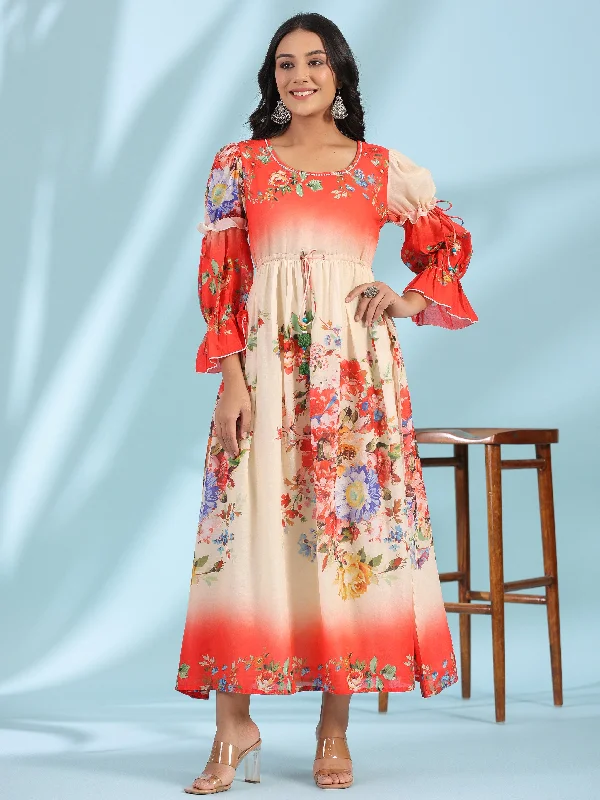 Classic Women's Clothing Styles Juniper Off-White Floral Printed Cotton Maxi Dress With Beads & Sequins Work