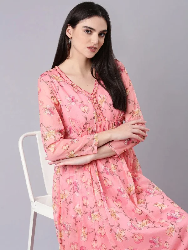 Women's Seasonal Garments Women Peach Floral Empire Dress-DW-4167-Peach