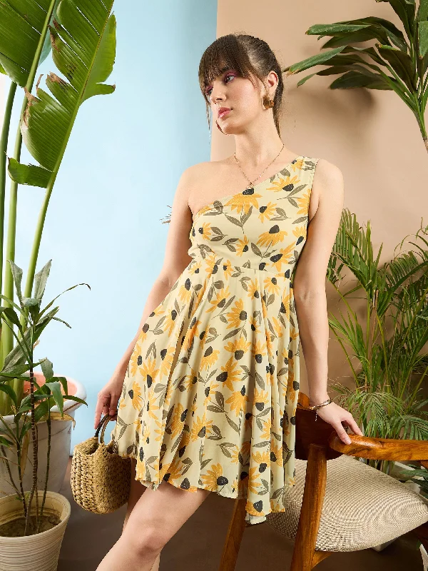 Women's Work Outfit For The Office Women Yellow Floral Organza One Shoulder Dress