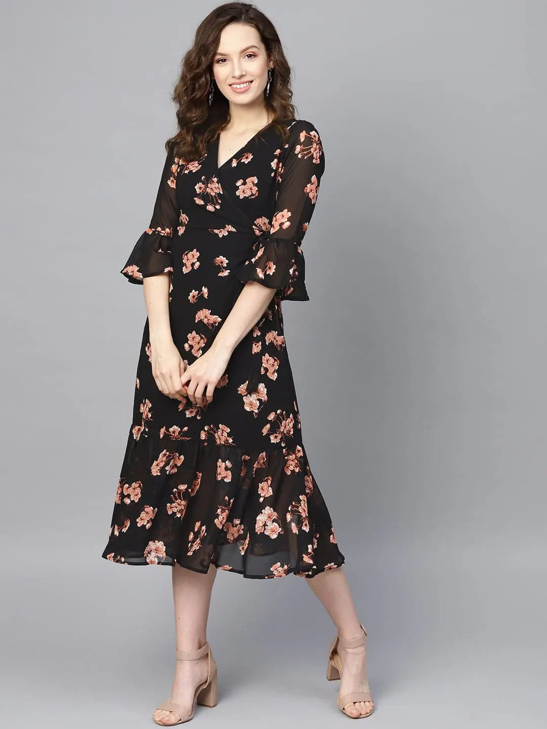 Women's Evening Attire Black Floral Wrap Tie Dress