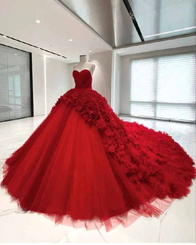 Women's Formal Clothes Red gorgeous elegant tube top floral long floor length trailing tulle ball gown evening gown wedding dress gh3140