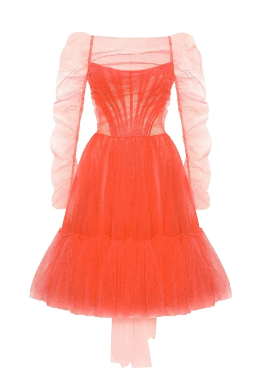 Women's Comfortable Lounge Garments Passion Strapless Tulle mini dress in red coral color