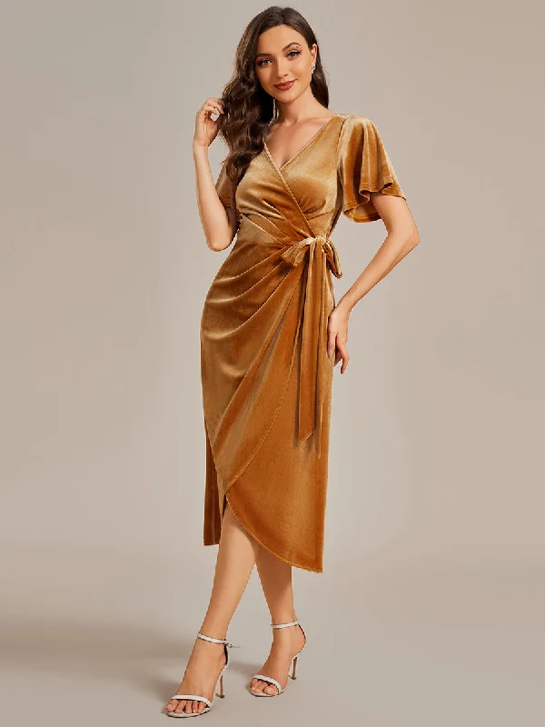 Women's Travel Garments One-piece Type Velvet Tea Length  Wedding Guest Dress