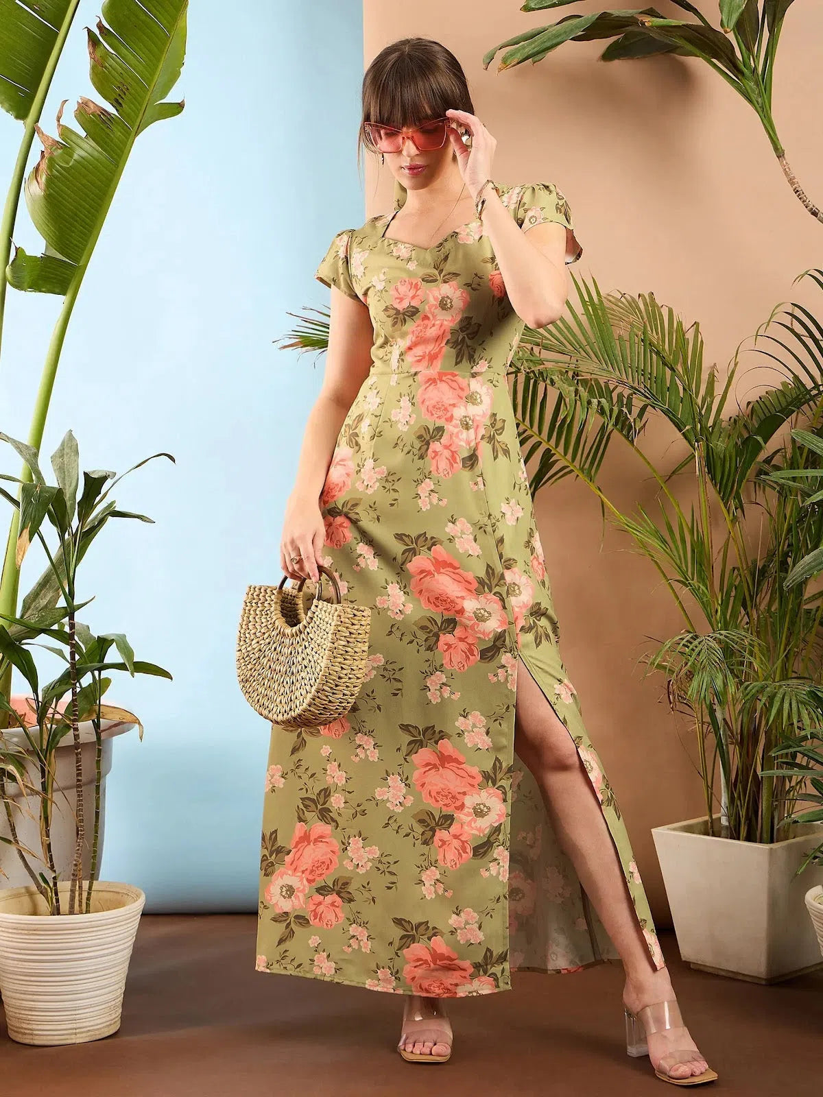 Women's Luxury Apparel Women Olive Floral Sweet Heart-Neck Midi Dress