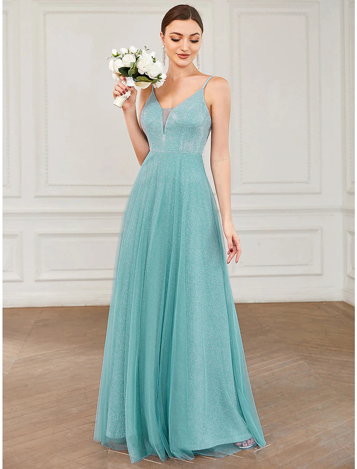 Women's Outdoor Attire A-Line Prom Dresses Elegant Dress Wedding Guest Floor Length Sleeveless V Neck Tulle with Draping