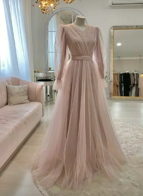 Charming Women's Holiday Apparel High quality pink simple elegant long sleeve tulle long evening dress, ball gown, wedding dress, wedding guest dress,gala dress gh2215