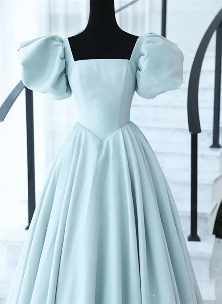 Women's Elegant Formal Outfit Light Blue Satin Open Back Lopng Prom Dress, Blue A-line Wedding Party Dress