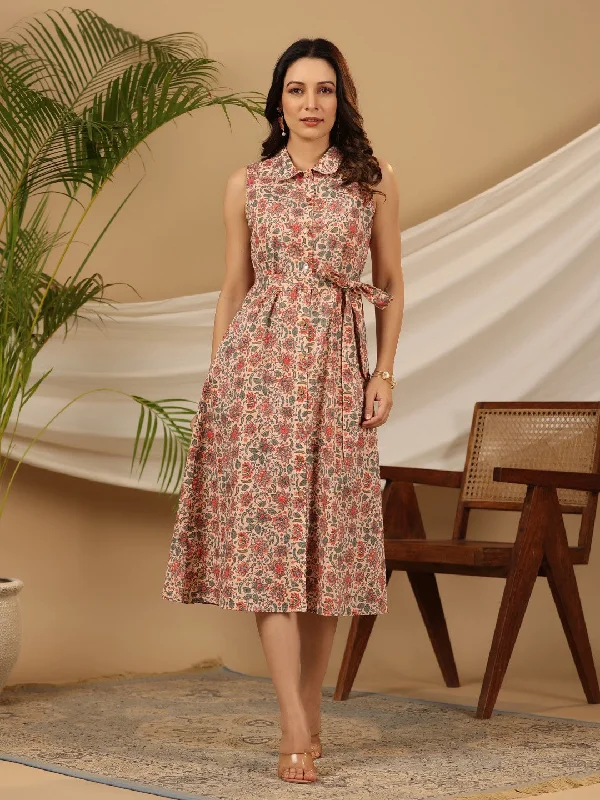 Women's Clothing For Casual Outings Juniper Peach Floral Printed Pure Cotton A-line Dress