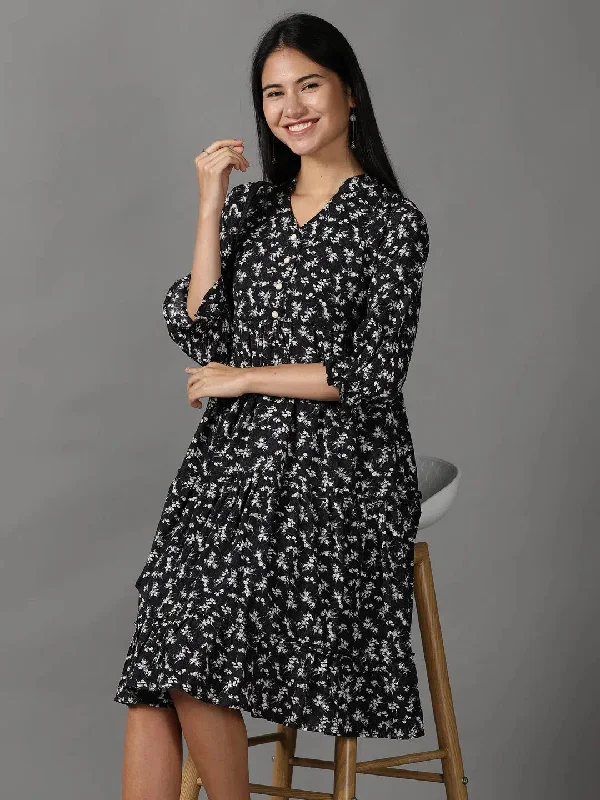 Women's Clothing For Holiday Travel Women's Black Floral Fit and Flare Dress-KG-4098-Black