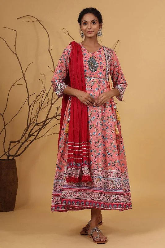 Women's Comfy Loungewear Outfit Juniper Coral Floral Printed Anarkali Lacy Dress & Contrast Dupatta With Side Dori Tie-Up & Tassels At Waist