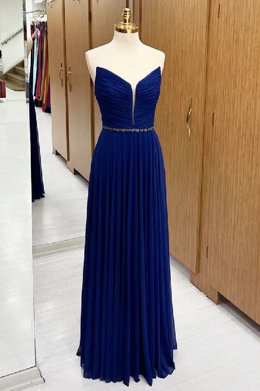 Women's Romantic Outfit Royal Blue Strapless Chiffon Wedding Guest Dress with Beaded Sash