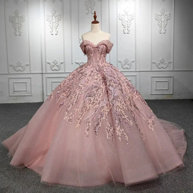 Women's Trendy Clothes Pink gorgeous shiny exquisite embroidery applique tube top long tulle ball gown evening dress wedding dress gh3163