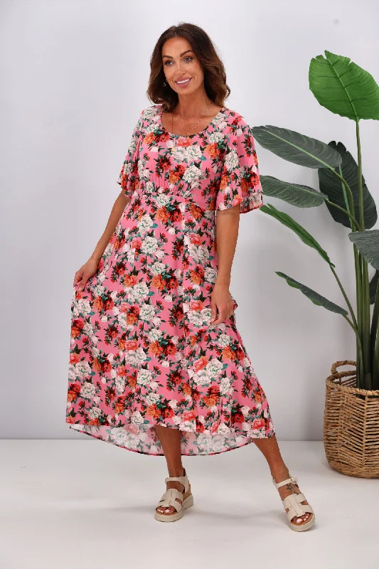 Vintage-Inspired Garments Gloss by Shine On Carlotta Flare Skirt Midi Dress Pink Rose Floral