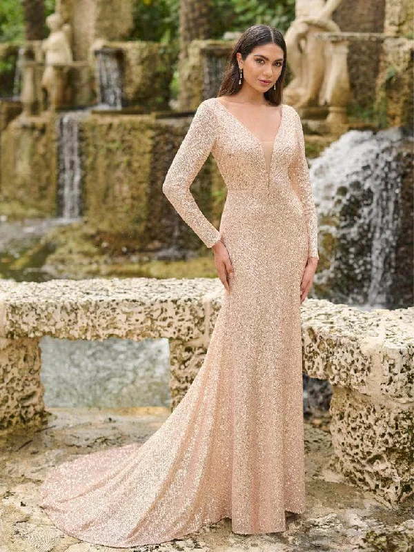 Women's Elegant Evening Outfit Christina Wu Celebration 22218 - Sequined Plunging Prom Gown